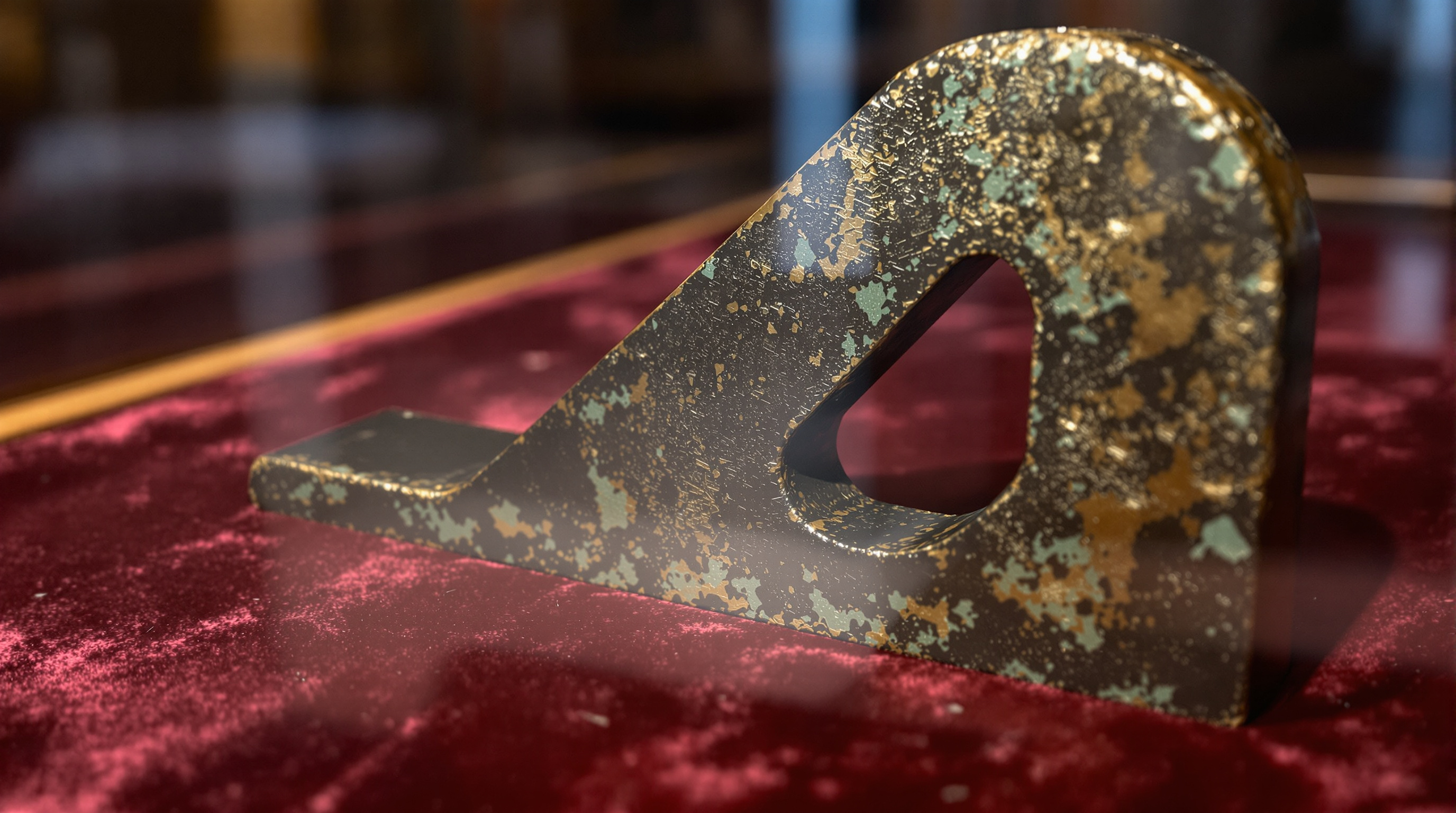 An ancient weathered brass right-angle builder’s square on deep claret velvet in a museum display