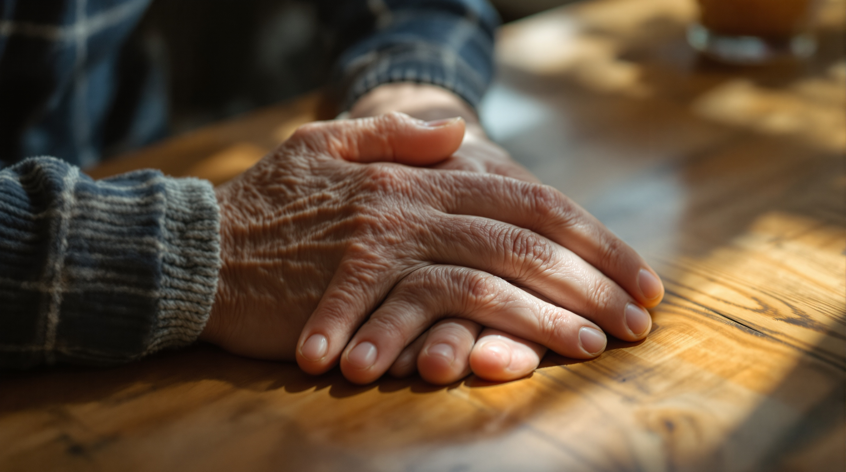 Hands of different generations resting together in warm light, symbolising care and relief