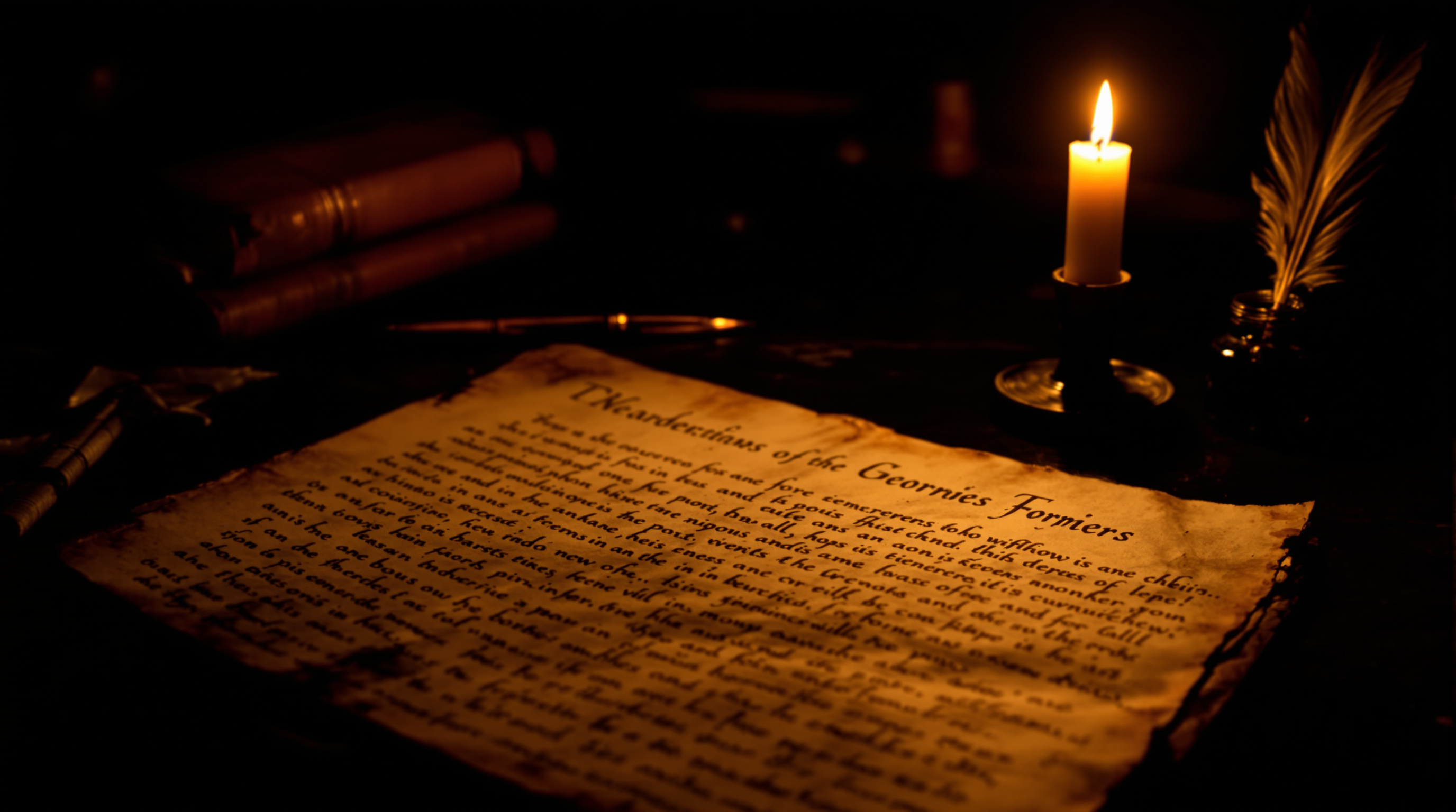 Aged eighteenth-century manuscript pages and a quill pen on a dark desk by candlelight