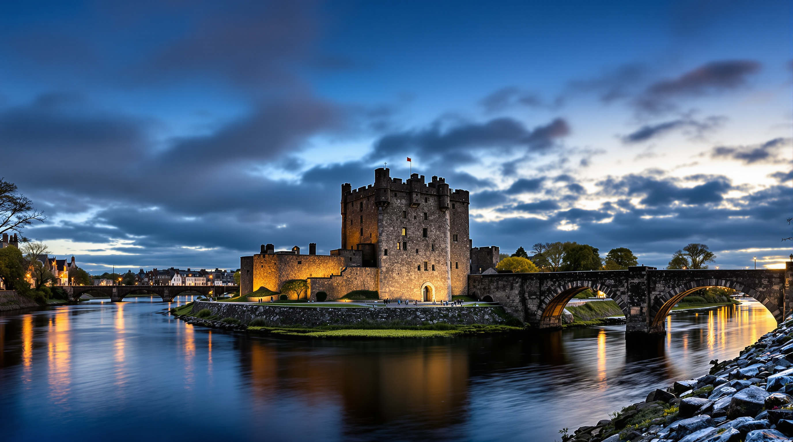 Historic Irish riverside city with a medieval stone castle and old bridge over a wide river at dusk