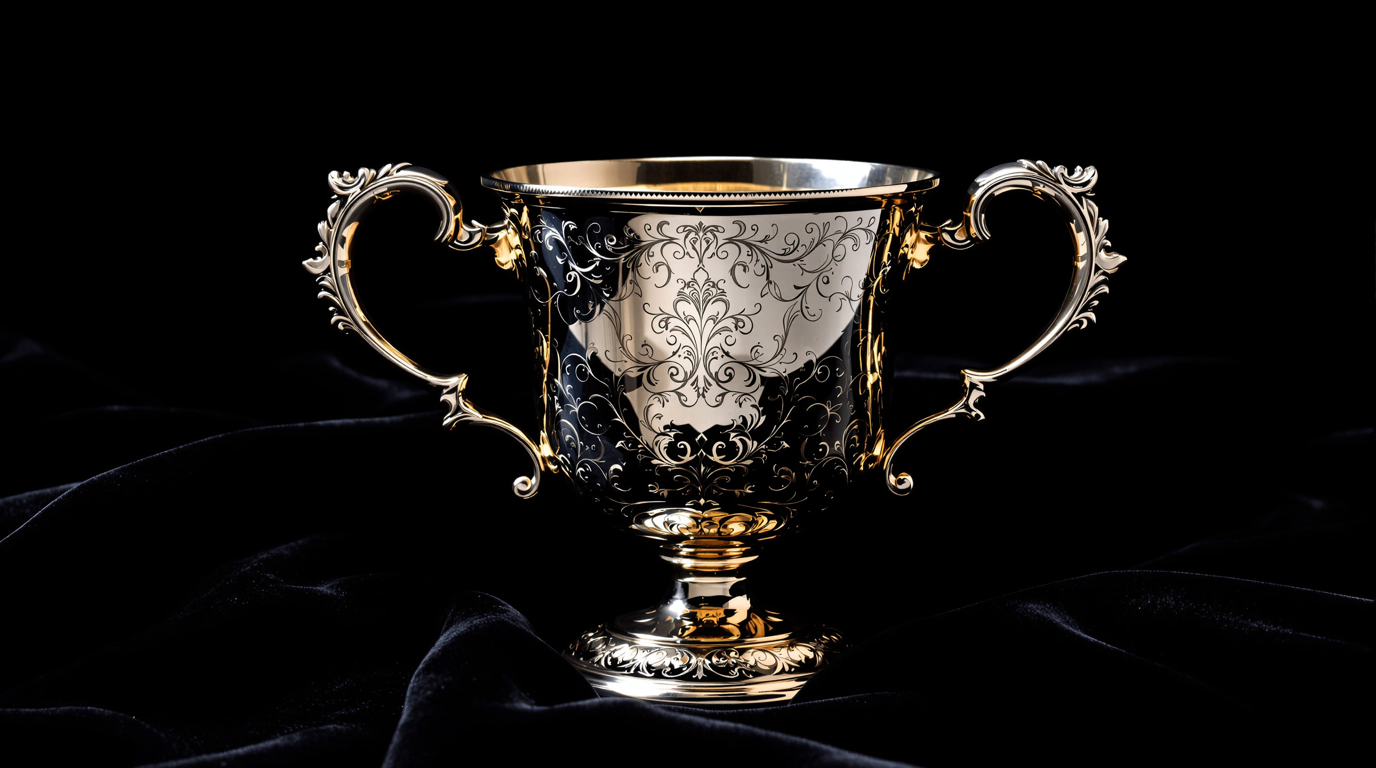 An ornate engraved antique silver ceremonial cup on dark velvet under museum lighting