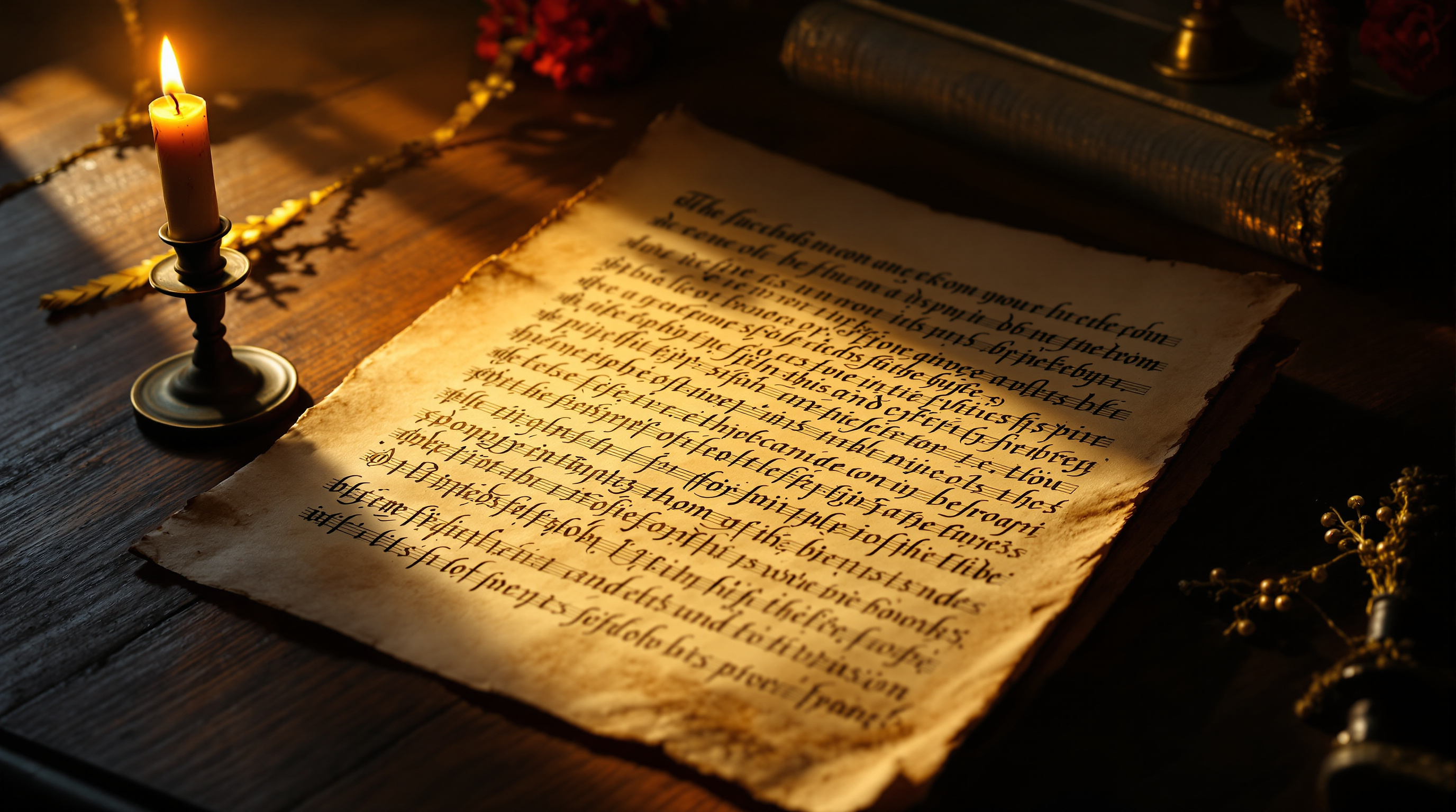 An antique handwritten musical score with a quill and candle in warm candlelight