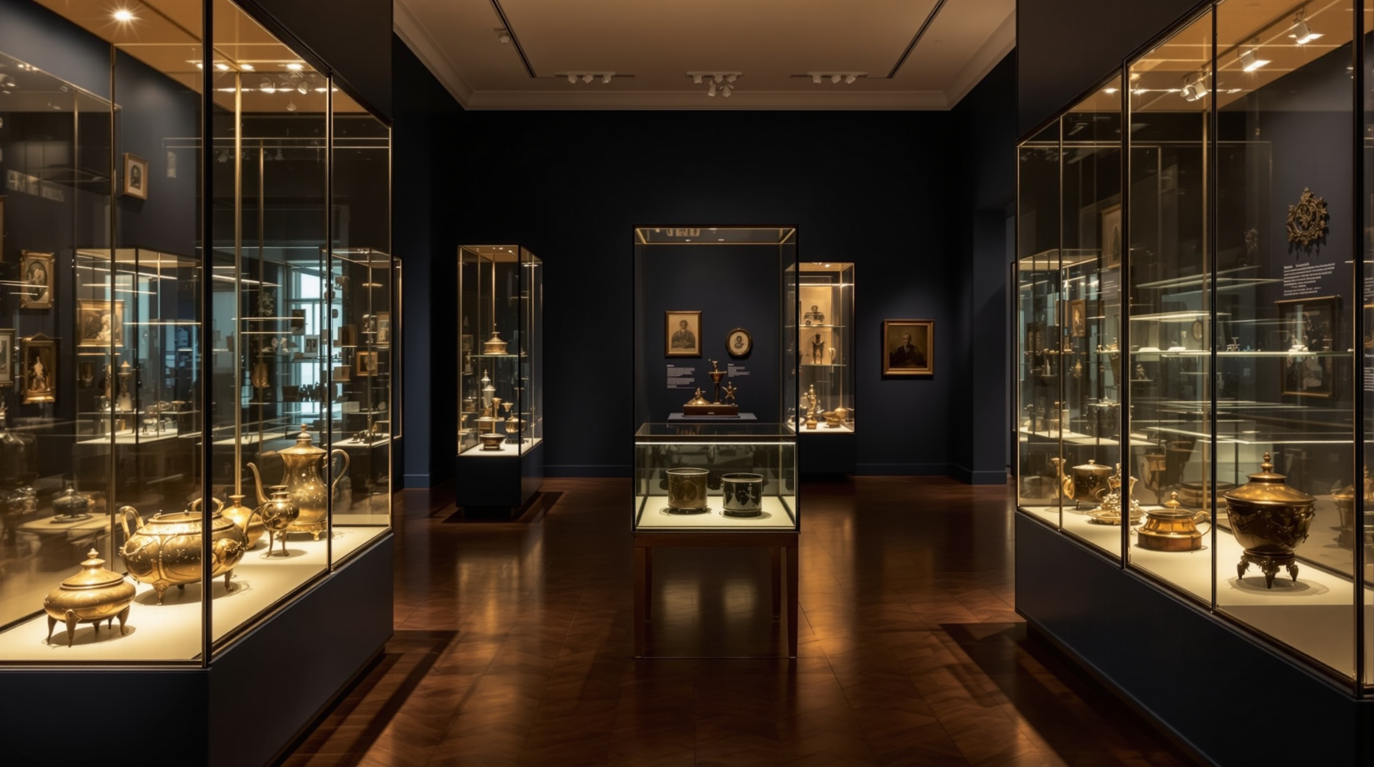 Interior of a heritage museum gallery with lit glass display cases of antique objects